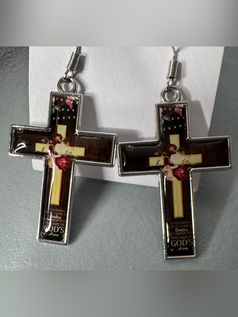 Floral Cross shaped religious Drop Earrings Gold & Brown silver tone motivation